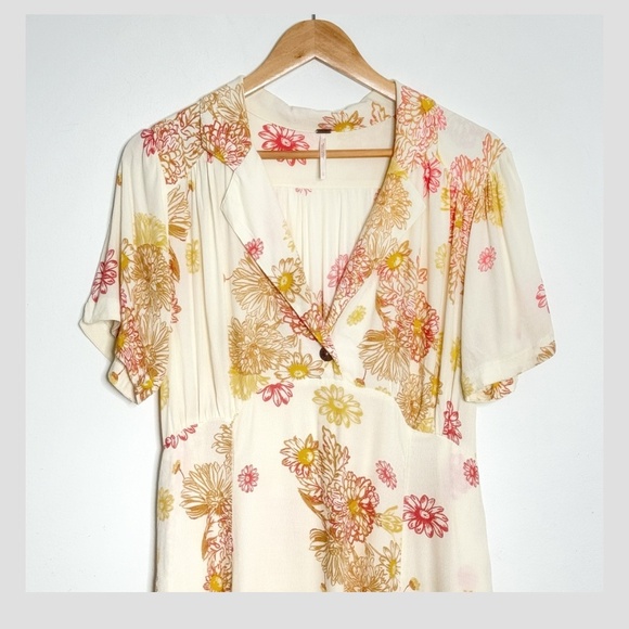 Free People Hawaii Dress Empire Waist Short Sleeve Mini Length Pink Yellow Cream - Picture 5 of 15